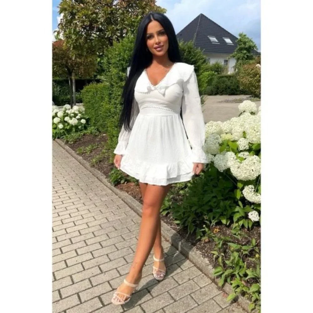 White Long Sleeve V-Neck Open Back Ruffle Hem Mini Dress - Picture 5 of 17
